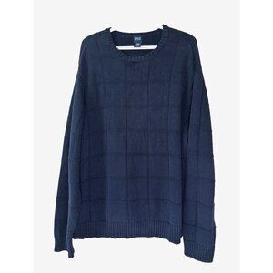 Vintage Mens XL Navy Blue Window Pane Knit Sweater Grandpa Preppy Fisherman Prep